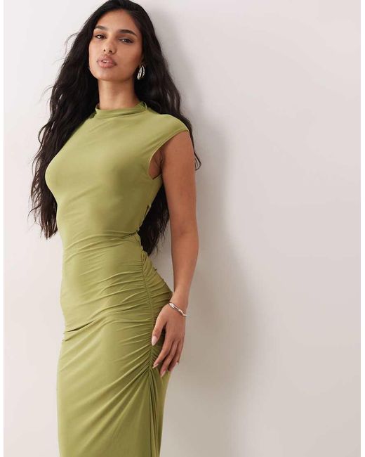 ASOS Green Cap Sleeve Maxi Dress With Lace Up Detail And Ruching