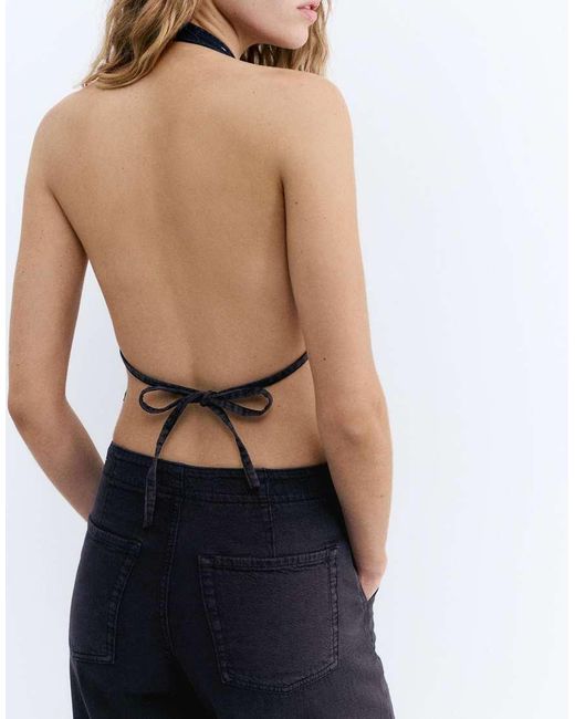 Pull&Bear Blue Halter Top With Eyelets