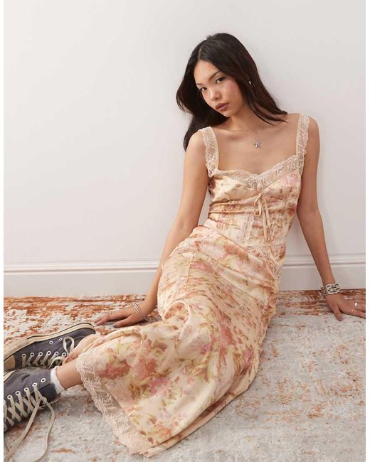 Reclaimed Vintage Brown Midi Dress With Lace Cutouts