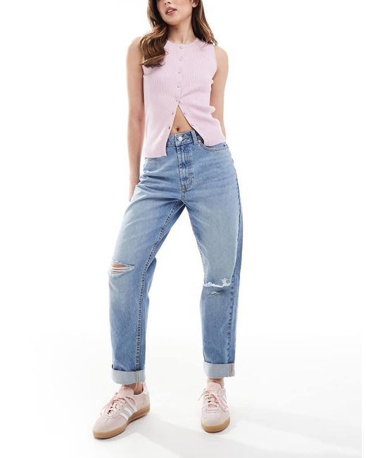 ASOS Ruimvallende Mom Jeans Met Hoge Taille En Kniescheuren in het Blue
