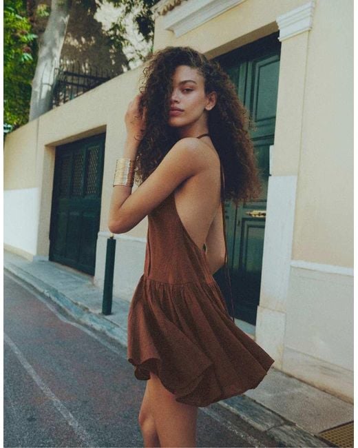 Pull&Bear Brown Short Surplice Neckline Dress