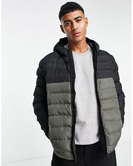 French Connection Black Contrast Puffer Jacket With Hood for men