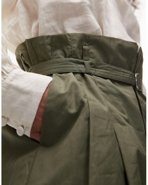 Mango Green Cotton Wide Leg Pleat Front Trouser With Belted Waist