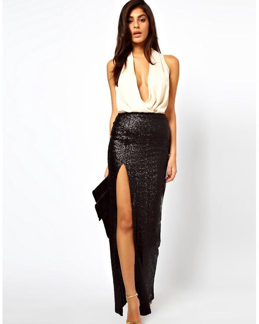 ASOS Asos Sequin Maxi Skirt with Thigh High Split in Black | Lyst