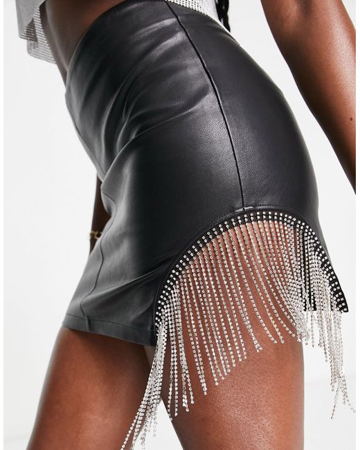 Miss Selfridge Black Faux Leather Diamante Fringe Cut Out Mini Skirt