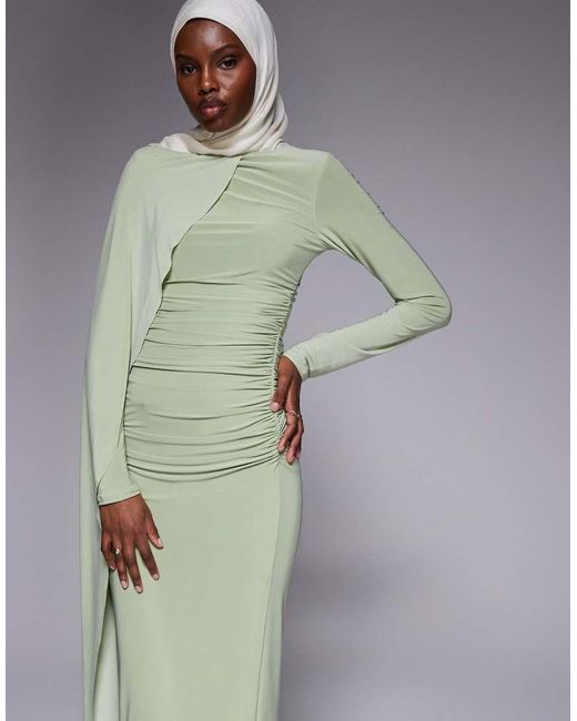 ASOS Green Long Sleeve With Drape Detail And Ruching Maxi Dress