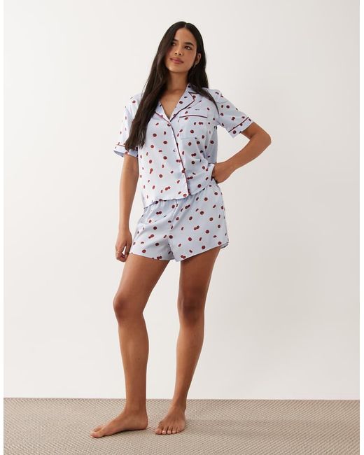 Abercrombie & Fitch Blue Satin Short Sleeve Pyjama Shirt Co-ord With Tomato Polka Dot