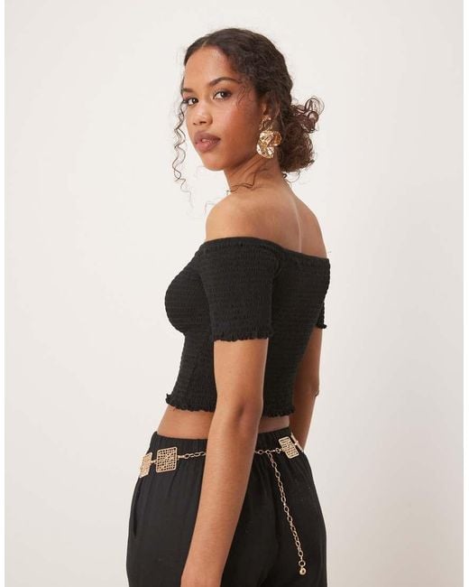 Glamorous Black Shirred Bardot Crop Top