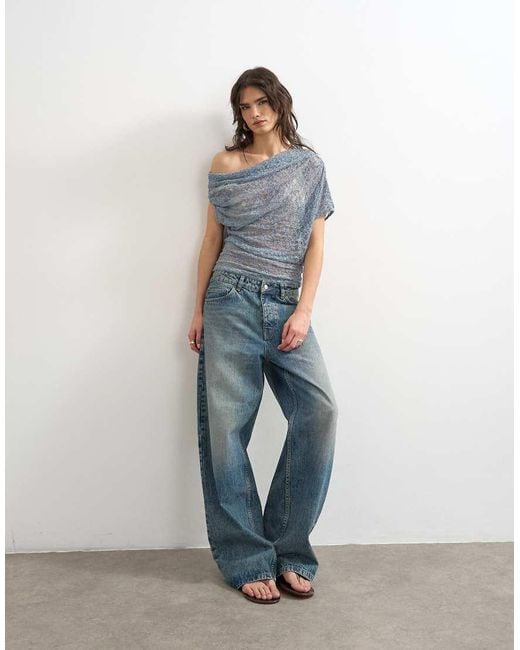 TOPSHOP Blue Lace Fallen Shoulder Top