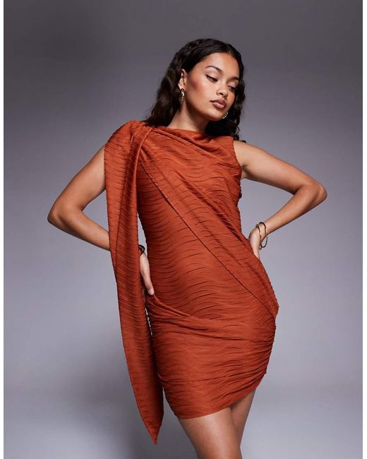 ASOS Orange Asos Design Petite Textured Slash Neck Mini Dress With Draped Sash Detail