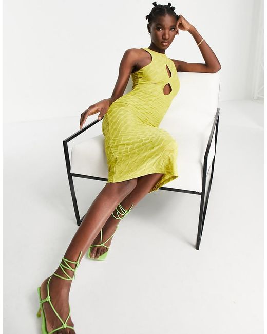 ASOS Yellow Textured Midi Dress With Front Cut Outs