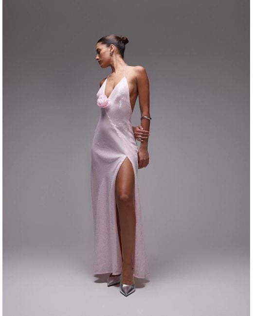Bardot Pink Sequin Corsage Halter Neck Maxi Dress