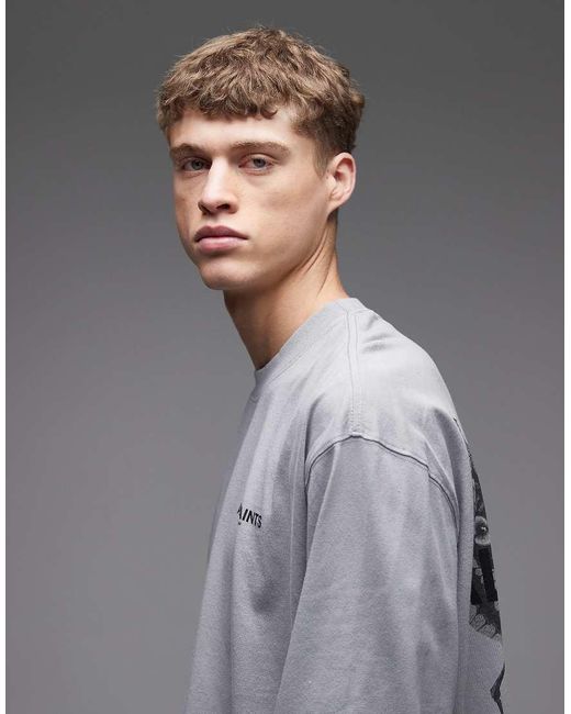AllSaints Gray Hallis Long Sleeve Graphic Logo T-shirt With Back Print for men