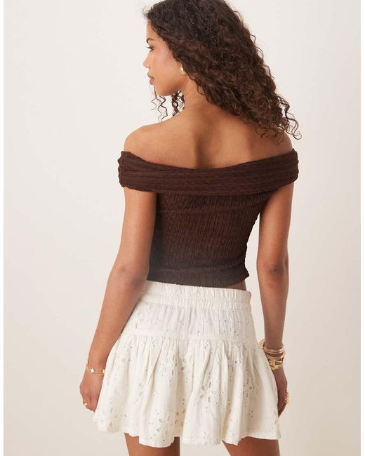 ASOS Brown Texture Off The Shoulder Short Sleeve Top With Tie Detail