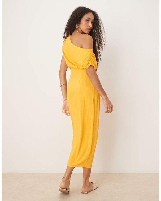 ASOS Yellow Linen Mix Fallen Twist Shoulder Wrap Skirt Detail Midi Dress