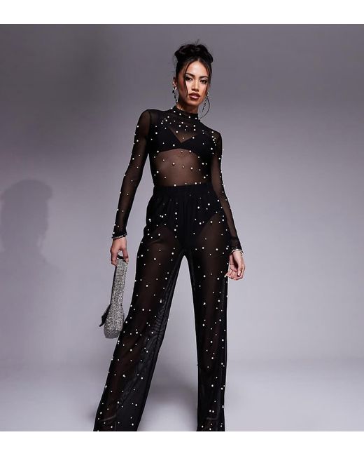 In The Style Black X Perrie Sian Exclusive Pearl Embellished Mesh Trouser Co-ord