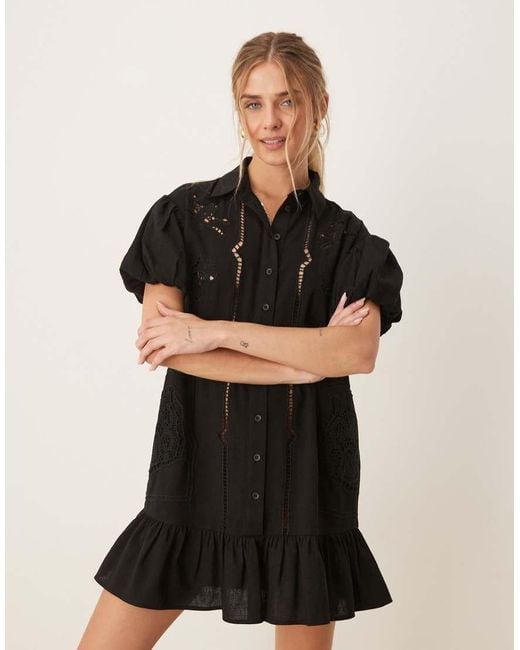 ASOS Black Twill Short Sleeve Broderie Mini Shirt Dress With Tonal Stitching