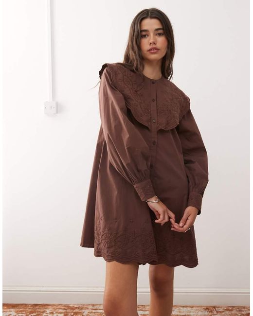 Reclaimed Vintage Brown Mini Shirt Dress With Oversized Collar And Floral Embroidery