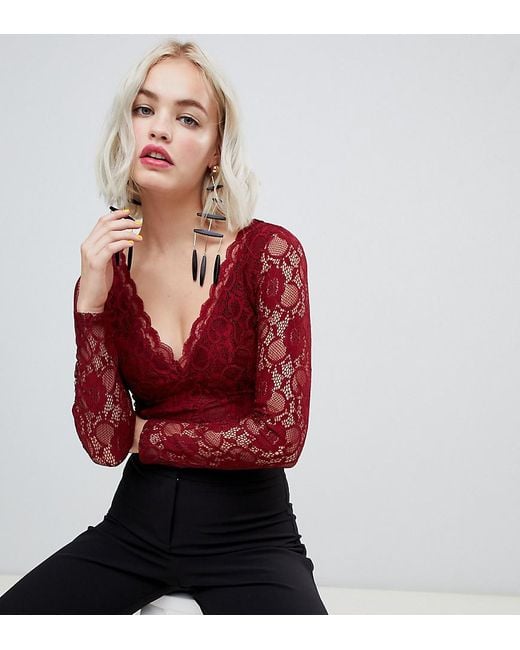 New Look Red Long Sleeve Lace Bodysuit In Burgundy