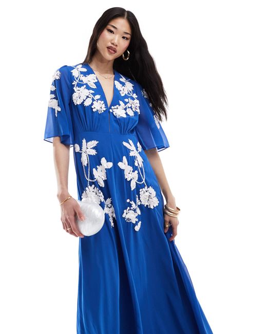 Hope & Ivy Blue Plunge Maxi Dress With Embellished Flowers