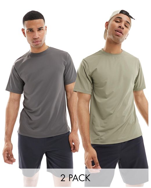 Icon - confezione da 2 t-shirt da allenamento ad asciugatura rapida antracite e kaki con logo di ASOS 4505 in Gray da Uomo