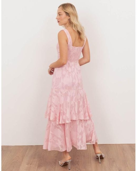 ANAYA Pink Floral Burnout Square Neck Tiered Midaxi Dress