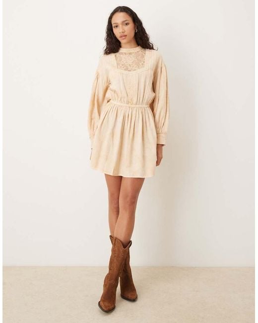 ASOS Natural Tea Stained High Neck Mini Dress With Panels And Lace Trim