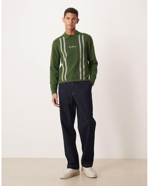 House Of Sunny Green Knitted Stripe Long Sleeve Rugby Shirt for men