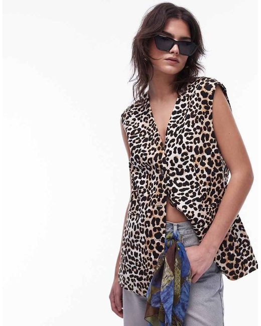 TOPSHOP Linnen Gilet Met Luipaardprint in het Black