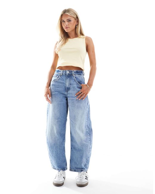 ASOS Blue Asos Design Petite High Waisted Barrel Leg Jeans