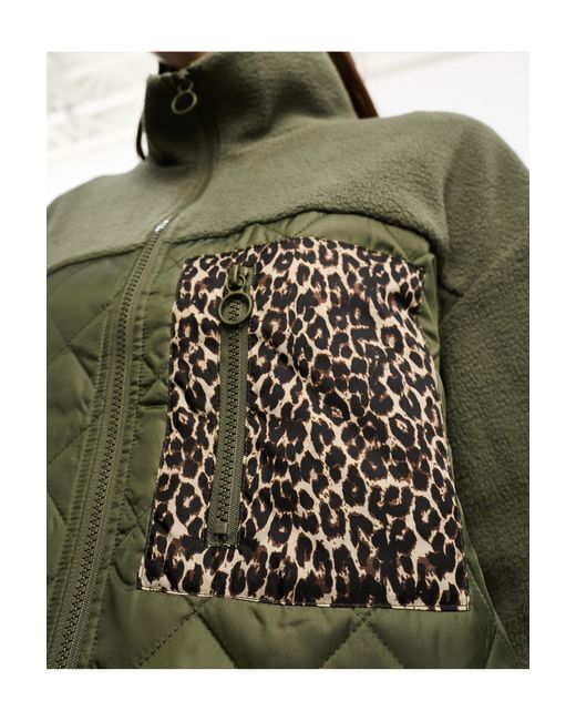 ONLY Green Teddy Fleece Jacket With Leopard Print Pocket