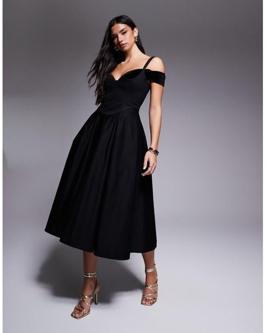 ASOS Black Midi Dress With Full Skirt And Velvet Inserts
