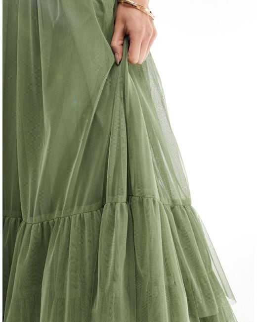 LACE & BEADS Green Bridesmaid Madison V Neck Tulle Maxi Dress