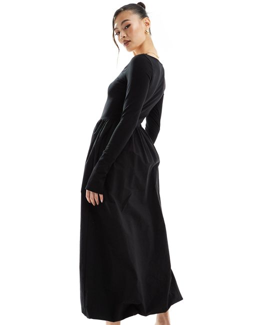 ASOS Black Square Neck Long Sleeve Midi Dress With Bubble Hem