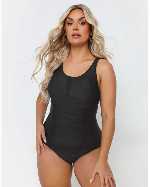 Yours Clothing Black Ruched Mesh Tummy Control Swimsuit