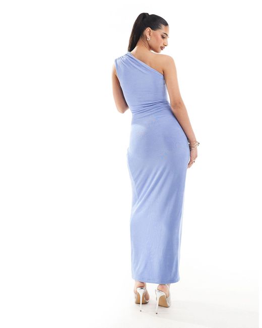 Aria Cove Blue Exclusive Slinky One Shoulder Thigh Split Maxi Dress