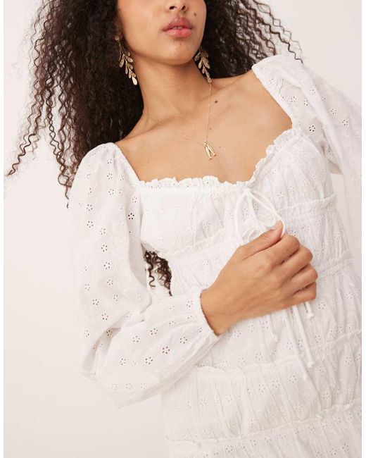 Gina Tricot White Long Sleeve Sweetheart Neck Broderie Anglais Mini Dress