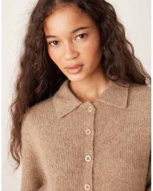 Gina Tricot Natural Short Sleeve Collar Button Through Knitted Mini Dress