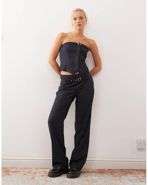 Collusion Blue Tailored Pinstriped Buckle Top