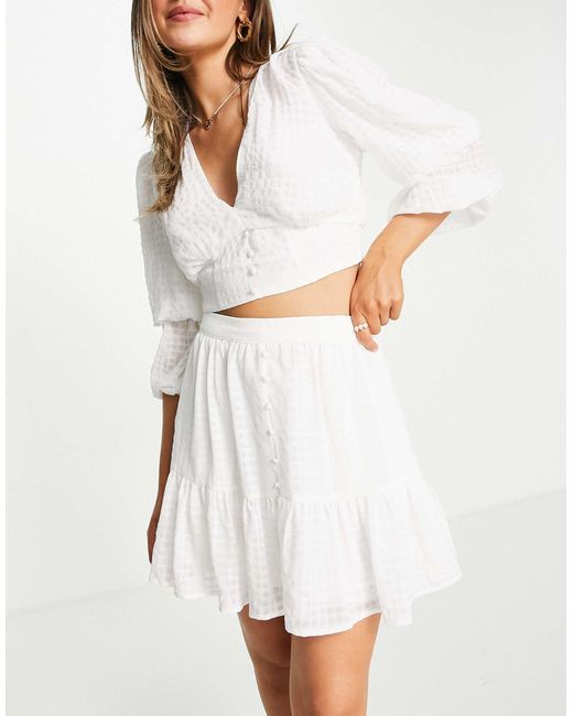 Forever New White Button Up Tiered Broderie Mini Skirt Co-ord