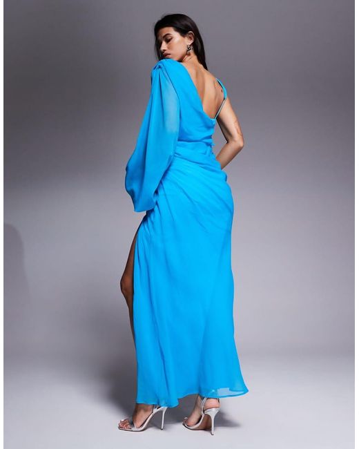ASOS Blue Asymmetric Drape Overlay Maxi Dress With Blouson Sleeves