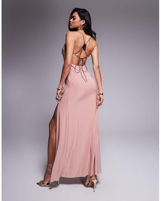 ASOS Mouwloze Maxi Jurk Met Bandjes, Open Achterkant En Kralen in het Pink