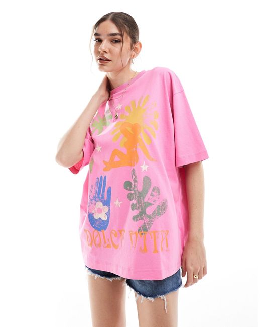 T-shirt oversize à imprimé artistique « dolce vita » - vif ASOS en coloris Pink