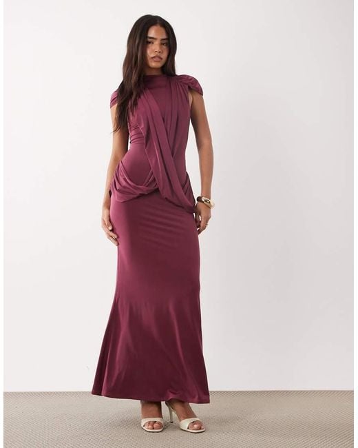 ASOS Red High Neck Floor Length Maxi Dress With Draped Bodice