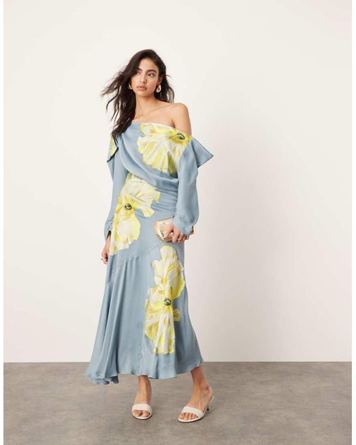 ASOS Blue Satin Floral Embroidered Drape One Shoulder Midi Dress