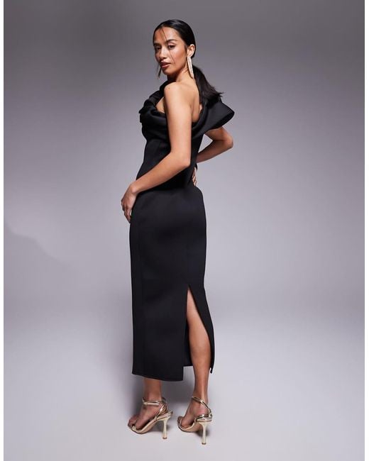 Vestido Midi Con Escote Palabra De Honor Y Mangas Abullonadas Estructuradas De Tejido Efecto Neopreno De Asos Design Petite ASOS de color Blue