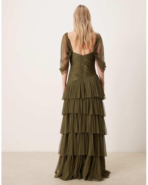 LACE & BEADS Green Asymmetric Ruffle Tulle Maxi Dress