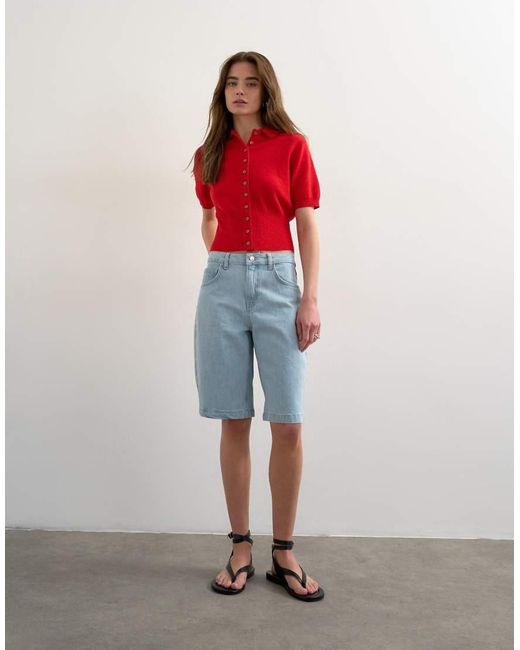 TOPSHOP Red Fine Knitted Towelling Cinch Waist Polo