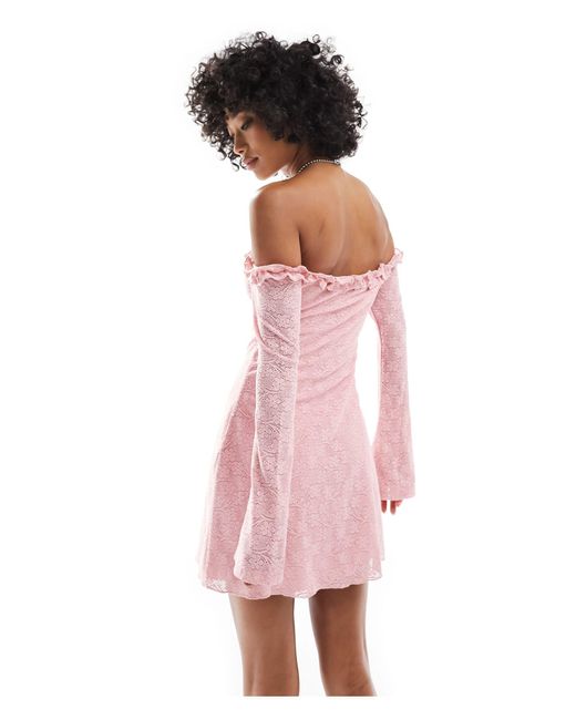 Motel Pink Off Shoulder Ruffle Lace Long Sleeve Mini Dress