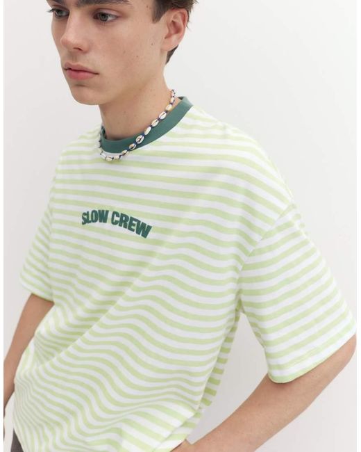 Pull&Bear Green Stwd Boxy Striped T-shirt for men